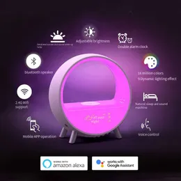 Skrivbordsklockor Smart App Control LED RGB Night Light Atmosphere Lamps Digital Alarm Clock Högtalare Trådlös laddare Bedside Bedroom Decoration 230721