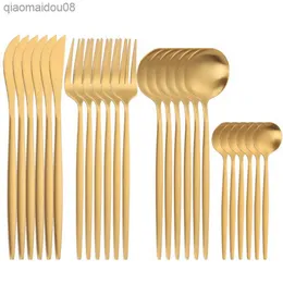 Spklifey Gold Cutlery 24 PCS Golden Cotestar Set rostfritt stål Middagsuppsättning Spoon Set Tabelleriserar gafflar Knivar Skedar Nya L230704