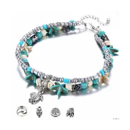 Fußkettchen Bohemian Seestern Schildkröte für Frauen Elefant Eule Welle Charme Perlen Stein Kette Knöchel Armband am Bein Strand Schmuck Drop Lieferung Dhluf