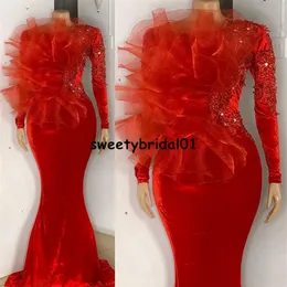 Vestidos Formale Red Velvet Velived Virtses Woman Night Lace African Mermaid Prom Dress Long Sleeves Abort Abort Party Cowns279a