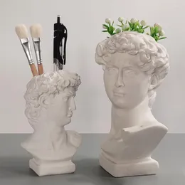 Vases Creative Pen Holder Resin David Sculpture Portrait Statue Makeup Brush Storage Box Flowerpot Vase Art Craft Garden Decor