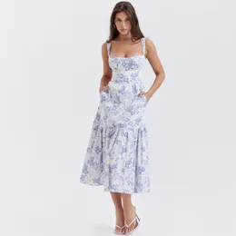 Blue Midi Floral Print Women's Summer Dress Elegant Long Casual Holiday Party Streetwear Dresses 2023