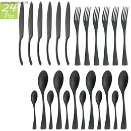 6/24Pcs Set di posate da tavola nere Set di stoviglie da cucina in acciaio inossidabile Set di coltelli da bistecca Forchetta Cucchiaio da caffè Posate Drop Shipping L230704