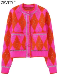 Kvinnors jackor zevity nya kvinnor mode metall virkning geometrisk kort stickning tröja kvinnliga chic fickor patch cardigan rockar toppar ct3235 l230724