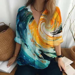 Kvinnors blusar unika kreativa färgglada tryckta skjorta dagligen pendla löst casual toppar hösten grundläggande långa -stora