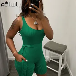 Women's Jumpsuits Rompers FQLWL Summer Streetwear Bodycon Black Romper Women Sleeveless Belt Rompers Casual Outfits Women Ribbed Short Jumpsuits 230721