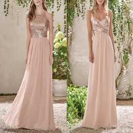 Elegante Rosegold-Pailletten-Chiffon-lange Brautjungfernkleider, Neckholder, rückenfreie Träger, Rüschen, Hochzeitsgast, Übergröße, Trauzeugin Gow329V