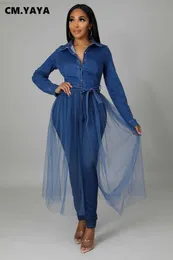 Women's Jackets CM.YAYA Women Denim Mesh Patchwork Long Sleeve Maxi Dress Style Shirt Jacket Outfits L230724