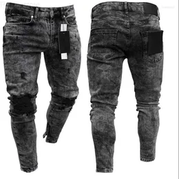 Men's Jeans Mens Distressed Stretch Ripped Biker Men Hip Hop Slim Fit Holes Punk Zipper Pure Color Denim Pants L230724