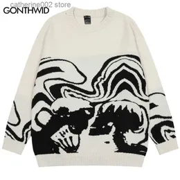 Erkek Sweaters Gonthwid 2023 Erkek Sokak Giyim Kazak Retro Retro Boyama Kafatası Grafik Hip Hop Örme Vintage Pullover Günlük Yün Sweater Hipster T230724