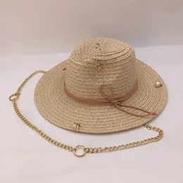 Szerokie brzegowe czapki wiadra czapki 05-nao-łańcuchowe letni papier papierowy fade bez złotej złotej łańcucha fedoras cap kobiety wypoczynek Panama Jazz Hat 230721