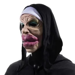 Big Lips Horror zakonnica maska ​​lateks Halloween Costume for Woman Witch Scary Nun Cosplay Party Carnival Halloween Prop