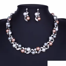 أقراط قلادة COLORF Pearl Jewelry Set عتيقة سبائك أوراق البيان مخططات الزفاف إكسسوارات الزفاف طوق هدية DRO DHJ4K