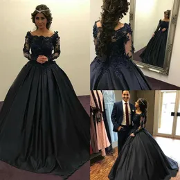 Vintage Ball Gown Prom Dresses Beaded Appliqued Quinceanera Dress Dark Navy Off Shoulder Long Sleeve Formal Evening Gowns234K