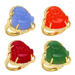 Klusterringar ocesrio trendiga glas maitreya buddha ring för kvinnor koppar guldpläterad flera färg öppna Buda anillos mujer rigr22