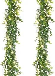 장식용 꽃 2 팩 6ft/조각 인공 유칼립투스 화환 잎 잎 교수형 배경 웨딩 아치 벽을위한 LED 끈 조명이있는 식물