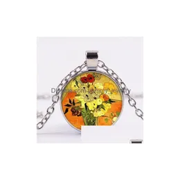 Pendant Necklaces Van Gogh Almond Branch Bloom Necklace Sunflower Classic Painting Art Pendants Crystal Time Gem Birthday Gift Jewelry Dhhzx