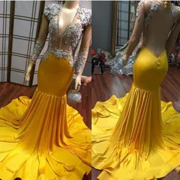 Amarelo Sexy Vestidos de Baile Sereia com Decote em V Manga Longa Tamanho Grande Veja Vestidos de Noite Com Cristal Transparente 2019 Vestido Formal Africano2764