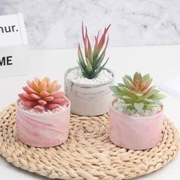 Decorative Objects Figurines Creative Marble Pattern Flower Pot Artificial Plastic Cactus Succulents Potted Plant Simulation Home Office Desktop Decor L230724