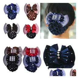 Headwear Hair Accessories Personalized Floral Satin Bow Net Barrette Bank Staff Flight Attendant Nurses Clip Snood Women Drop Deli Dhdbo