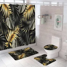 Shower Curtains Black Gold Banana Leaves Curtain Tropical Palm Tree Plant Bathroom Set Fabric Non-Slip Rug Toilet Cover Bath Mat