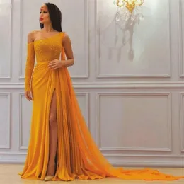 Sexy Une épaule Jaune Robes De Soirée Sexy Gaine Manches Longues Arabie Arabe Dubaï Mousseline De Soie Longue Robe De Bal Plus La Taille Robe De Soirée306b