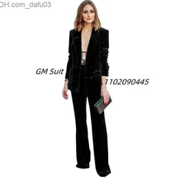 Women's Two Piece Pants Women's Velvet 2-Piece Trouser Set Double Breast Wedding Groom Evening Dress Fashion Jacket Pants Z230724