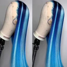 스트레이트 하이라이트 파란색 레이스 정면 가발 여성을위한 인간 머리