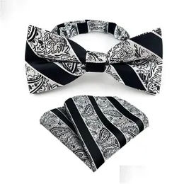 Bow Ties 패션 액세서리 남성용 Bowtie 손수건 세트 Cravat 여성 남성 스트리핑 드레스 남성 공식적인 드롭 배달