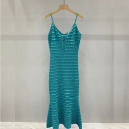 2023 Spring/Summer Turquoise Striped Fishtail Knitted Strap Long Dress (Pure Handmade Beaded High Edition Quality) July