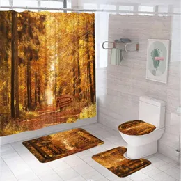 シャワーカーテン秋メープルツリーバスルームカーテンセット黄色の葉の経路秋の森林森ランドスケープバスマットラグトイレの蓋カバー