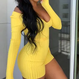 Kobiety Jumpsuits Rompers Lady Sexy Proste styl dzianin żeber Bodycon Rompers Krótkie żółte ramię z długim rękawem V Szyjka Szybka streetwearu 2307721