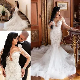 Splendidi abiti da sposa a maniche lunghe in pizzo Applique Illusion Mermaid Sheer Neck Sweep Train Abito da sposa su misura vestido de no292e