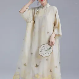 Casual Dresses Chinese Style förbättrad Hanfu Butterfly Printed Party Prom Dress Women Retro Stand Collar Two Layer Elegant Loose Midi