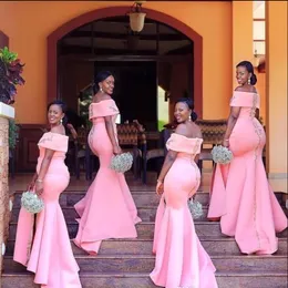 Nigerian African Pink Mermaid Bridesmaid Dresses 2019 Off The Shoulder Lace Applique Split Floor Length Maid of Honor Wedding Gues281I