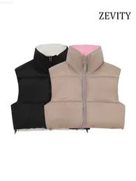 Kurtki damskie Zevity Dame Fashion Reversible Quilded Crop Cested Płaszcz Vintage High Neck Front Zipper żeńskie kamizelki