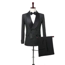 Schwarz Weiß gepunktet Bräutigam Smoking Zweireiher Männer Hochzeit Smoking Schal Revers Jacke Blazer Beliebte Männer Abendessen Darty AnzugJacke P266f