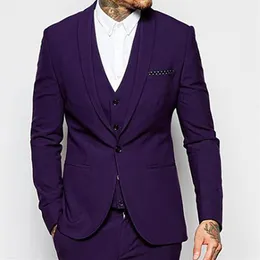 Wedding Tuxedos One Button Dark Purple groom uxedos Shawl Lapel rosmen Man Suit Mens Wedding Suits Bridegroom Jacket Pants Vest Ti194v