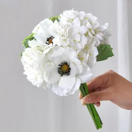 Flores decorativas SunMade Anêmona Hortênsia Bouquet Seda Artificial Decoração Casa Casamento Buquês de Noiva Flores Artificales Branco