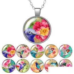 Anhänger Halsketten Blume Vögel Kolibri Runde Halskette 25 mm Glas Cabochon Silber vergoldet/Kristall Schmuck Frauen Geburtstagsgeschenk 50 cm Dro Dhwyx