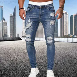 Мужские мужские джинсы модный уличный стиль разорванные узкие мужчины винтажные стирки твердые джинсовые брюки.