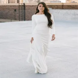 Simple Crepe Mermaid Wedding Dresses Modest Long Sleeves Boat Neck Buttons Back Simple Elegant LDS Bridal Gowns Religious Bride Go317n