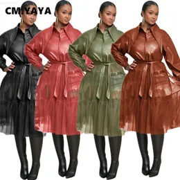 سترات نسائية CM.Yaya Women Faux Leathe Mesh Patchwork Long Sleeve Pu Coat Jacket Streetwear Long Sleeve Dress L230724