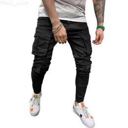 Men's Cargo Pocket Sknny Sexy Hole Trousers Black Jeans Denim Pants Men Jogger Casual Long Pencil Clothing L230724