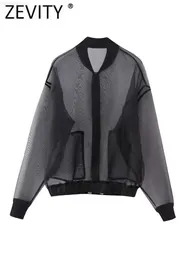 Women's Jackets ZEVITY Women Fashion Stand Collar Transparent Organza Flight Jacket Coat Female Outerwear Chic Pocket Zipper Coat Tops CT4203 L230724