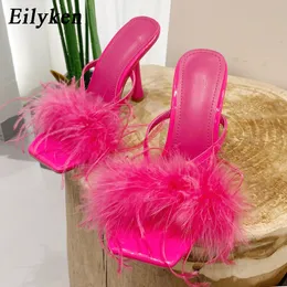 Fur Eilyken Moda de verão feminina Fluffy Gladiator Sandals Party Banquet Mule High Salppers 2 92 9