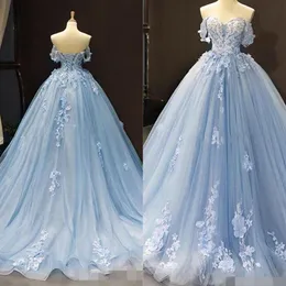 Sky Blue Quinceanera Dresses Off the Shoulder Lace Applique 2020 Sweep Train Custom Made Corset Back Sweet 16 Birthday Party Ball 252E