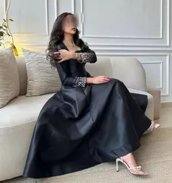 Black Satin Saudi Arabia Women's Evening Dress 2023 Square Neck Crystals Long Sleeves Ankle Length Prom Formal Party Gowns Robe De Soiree Vestido Largo