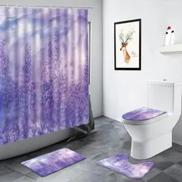 Shower Curtains Purple Lavender Flowers Curtain Tulip Butterfly Floral Plant Scenery Bathroom Decor WC Rugs Non-slip Mat Toilet Mats Sets