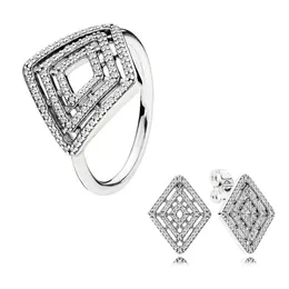 Geometrische Form-Ohrstecker-Ring-Set für Pandora 925 Sterling Silber, Party-Schmuck für Frauen und Mädchen, hochwertiger Kristall-Diamant-Ring-Ohrring mit Originalverpackung